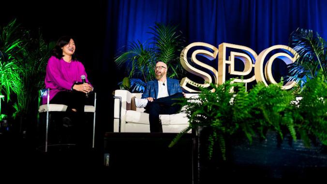 Paul Nowak (executive director at GreenBlue) and Allison Lin (global vice president of packaging sustainability at Mars) on the main stage at SPC Impact.
